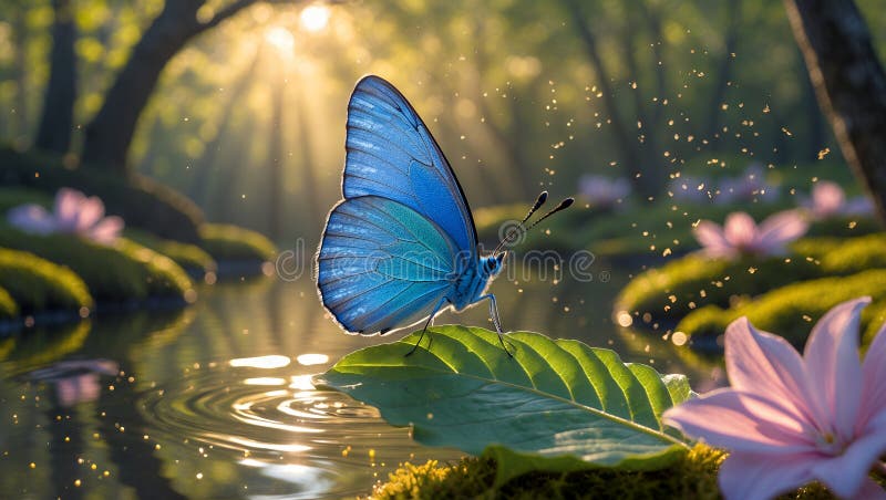 Una sorridente farfalla blu di Morpho su una foglia vicino al Pond al Sunrise illustrazione di stock