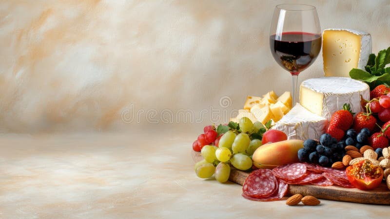 Una spalmata di gourmet formaggi frutta a guscio e vino su un rustico di cartone. Un cartone animato preconfezionato con una selezione di formaggi, frutta fresca, frutta secca e carne tritata, accompagnato da un bicchiere di vino rosso. l'elegante configurazione è perfetta per una riunione sofisticata o per una piacevole serata a casa generata