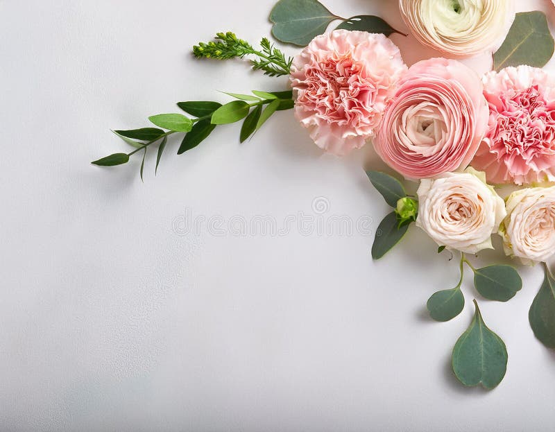 Una splendida collezione di fiori romantici inglesi in un banner. Uno splendido banner web che mostra una varietà di rose rosa inglesi ranunculus e fiori di garofano in una splendida disposizione floreale.