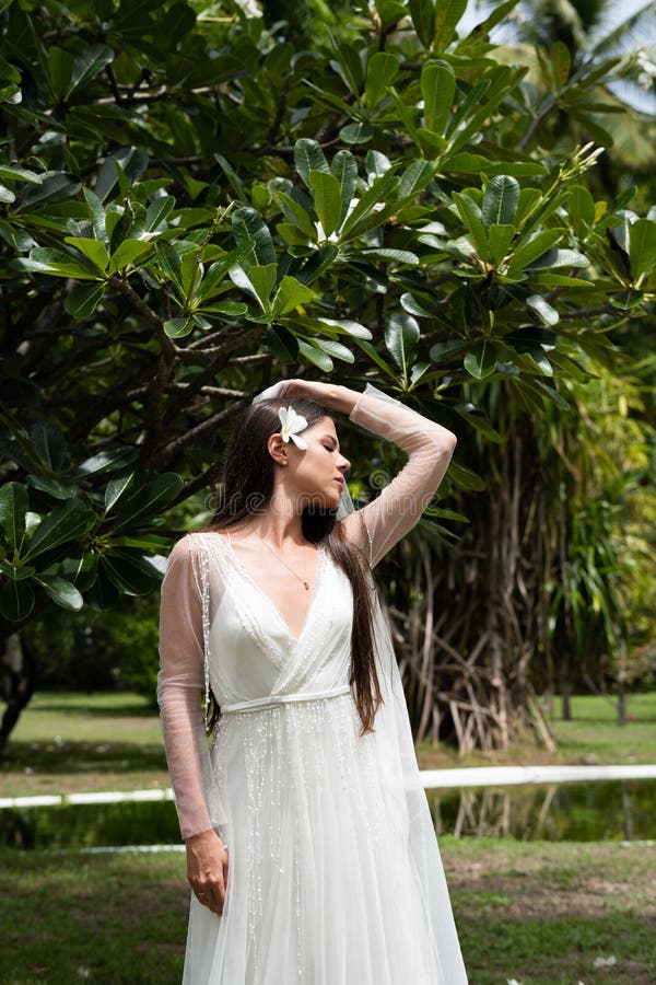 Una sposa in un vestito bianco con un fiore esotico in suoi capelli sta stando sotto un albero tropicale di fioritura immagini stock Una sposa in un vestito bianco con un fiore esotico in suoi capelli sta stando sotto un albero tropicale di fioritura immagini stock