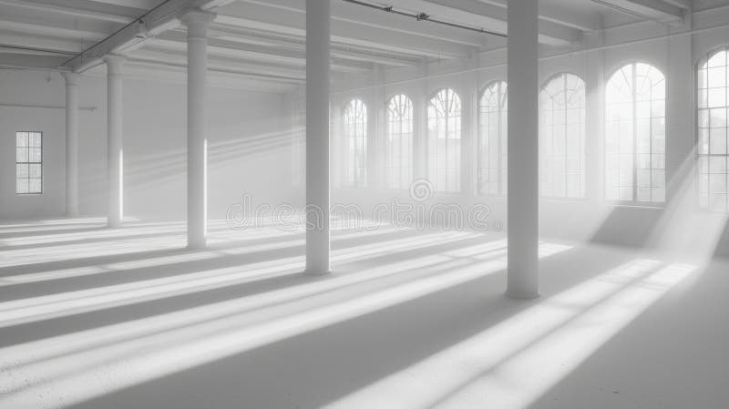 Una stanza bianca spaziosa con soffitti elevati, finestre grandi e colonne bianche. fotografia stock
