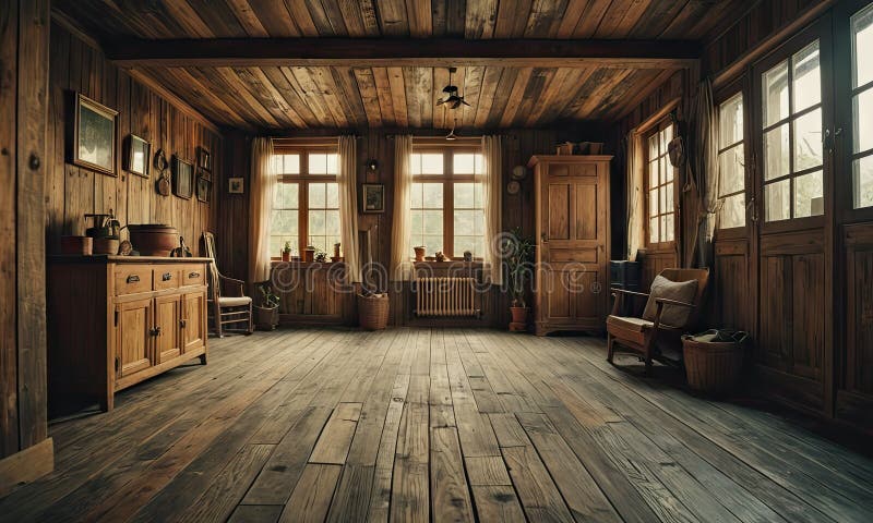 Ai Generated of A rustic wooden room features a high ceiling with a wooden beam, two windows with white curtains, a wooden dresser, a wooden bench, and a wooden chair. The room is bathed in natural light, creating a warm and inviting atmosphere. Ai Generated of A rustic wooden room features a high ceiling with a wooden beam, two windows with white curtains, a wooden dresser, a wooden bench, and a wooden chair. The room is bathed in natural light, creating a warm and inviting atmosphere.