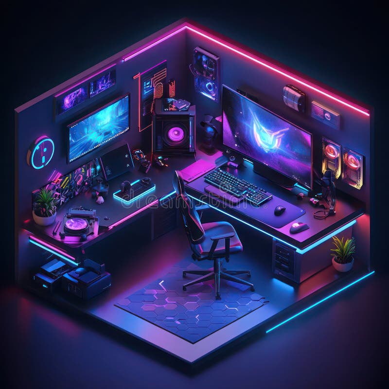 Una stanza da gioco futuristica ideale con neon light ultrawide monitor ed elementi RGB royalty illustrazione gratis