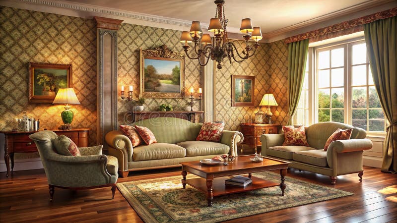 Una stanza inglese senza tempo di soggiorno deliziosa mobili antichi con un canale tradizionale e uno stile elegante illustrazione di stock