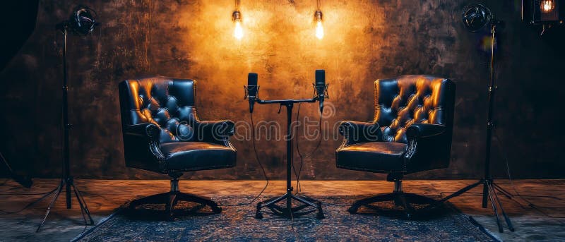 Una Stanza Piegata Con Due Sedie Di Cuoio Che Si Affacciano L'Una Sull'Altra Per Una Registrazione In Podcast. L'Ambiente È Sofist illustrazione vettoriale