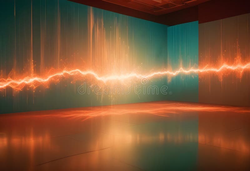 Una stanza vuota con grande schermo che visualizza una visualizzazione digitale di un'onda sonora con un luminoso riflettore aranc illustrazione di stock