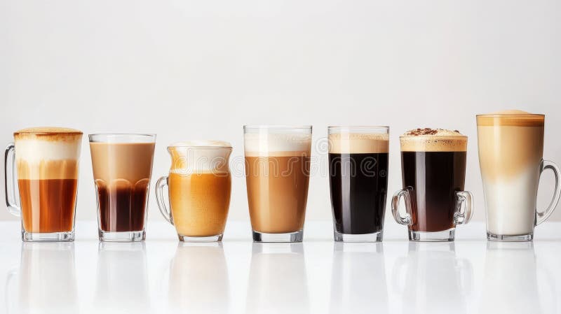Una straordinaria gamma di bevande diverse per il caffè che mostra strati artistici di latte di crema ed espresso. Generato dall'A illustrazione di stock