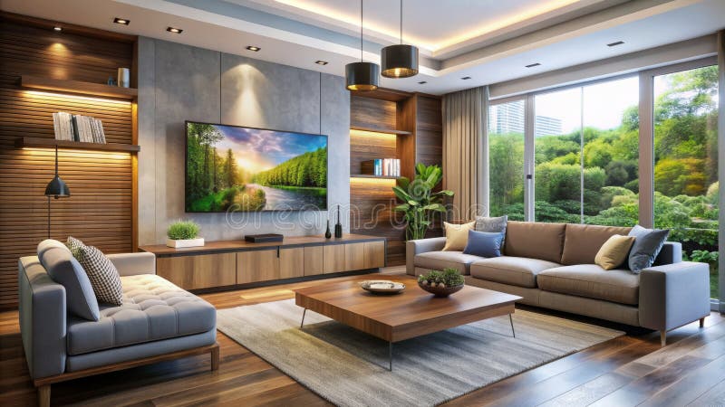 Una straordinaria sala di soggiorno moderna progettata per offrire un layout elegante e compatto e un illustrazione di stock