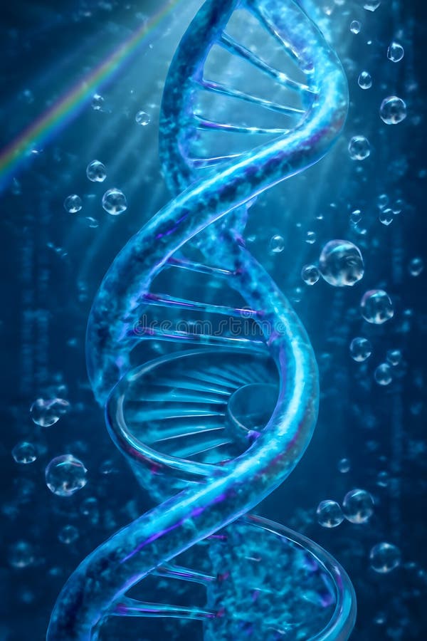 Una struttura blu a doppia elica che somiglia al DNA è circondata da bolle e raggi luminosi con un lieve arcobaleno illustrazione di stock