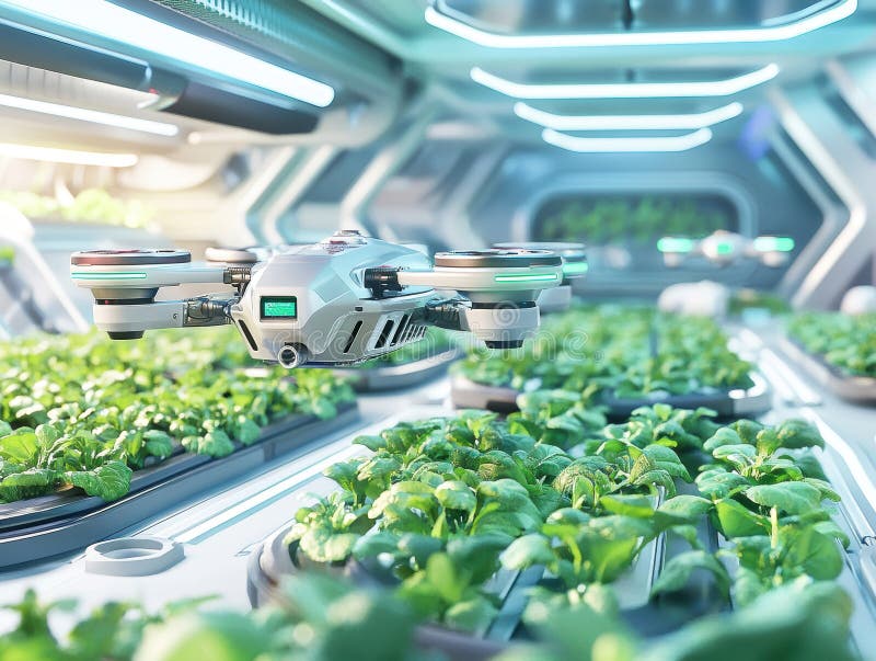 Una struttura futuristica per l'allevamento in interni mostra impianti perfettamente sistemati in contenitori illuminati, controll immagini stock libere da diritti