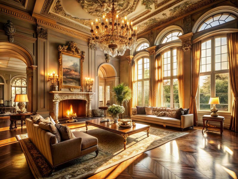 Uno Straordinario Salone Imponente con un Opulento Design d'Interni in una Lussuosa Villa con Dettagli Squisiti e illustrazione vettoriale