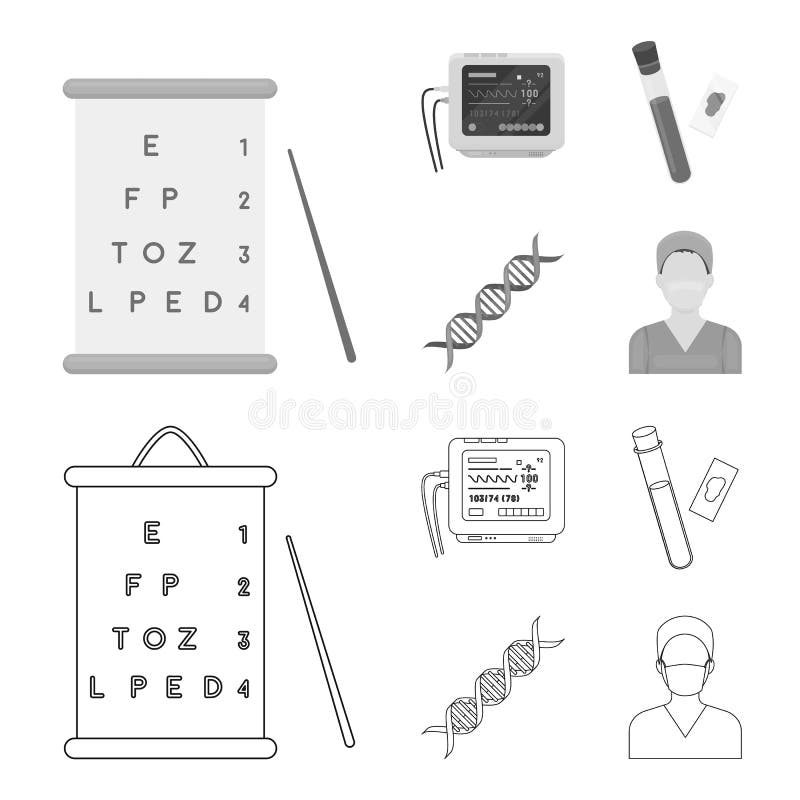 Una tabla de visión prueba, un análisis de sangre, un código de la DNA, un aparato de ECG Iconos determinados de la colección de ilustración del vector Una tabla de visión prueba, un análisis de sangre, un código de la DNA, un aparato de ECG Iconos determinados de la colección de ilustración del vector