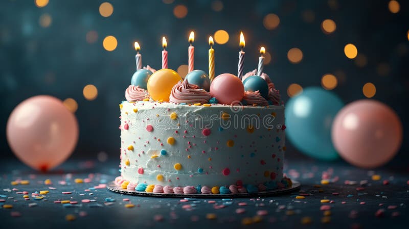 Una tarta de cumpleaños festiva rodeada de globos de colores imagen de archivo libre de regalías