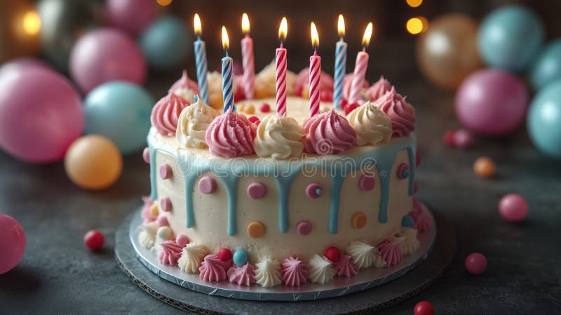 Una tarta de cumpleaños festiva rodeada de globos de colores fotografía de archivo libre de regalías