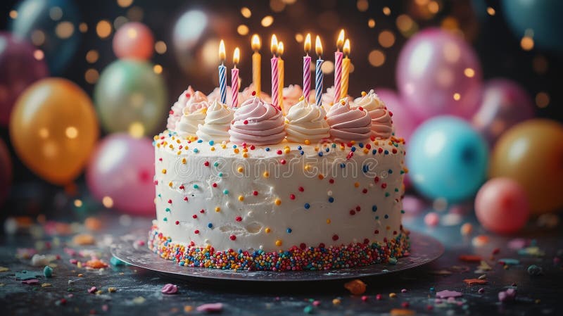 Una tarta de cumpleaños festiva rodeada de globos de colores fotos de archivo
