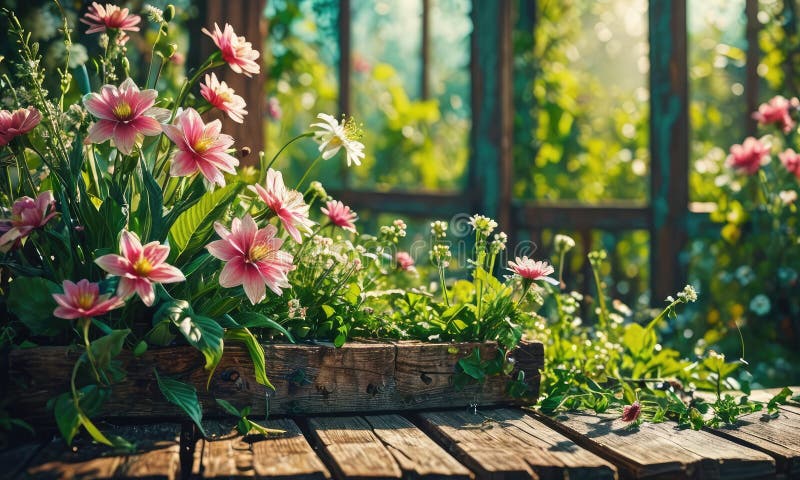 Ai Generated of A wooden bench with a wooden railing sits on a wooden deck, adorned with a wooden planter filled with pink flowers and green plants. The scene is set against a backdrop of a lush garden with trees and a clear blue sky. Ai Generated of A wooden bench with a wooden railing sits on a wooden deck, adorned with a wooden planter filled with pink flowers and green plants. The scene is set against a backdrop of a lush garden with trees and a clear blue sky.