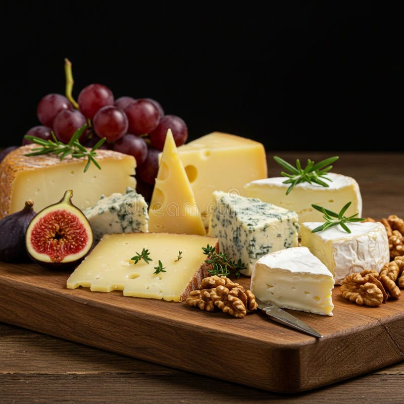 Una tavola di legno presenta un assortimento di formaggi, compreso il formaggio di cuoio e royalty illustrazione gratis