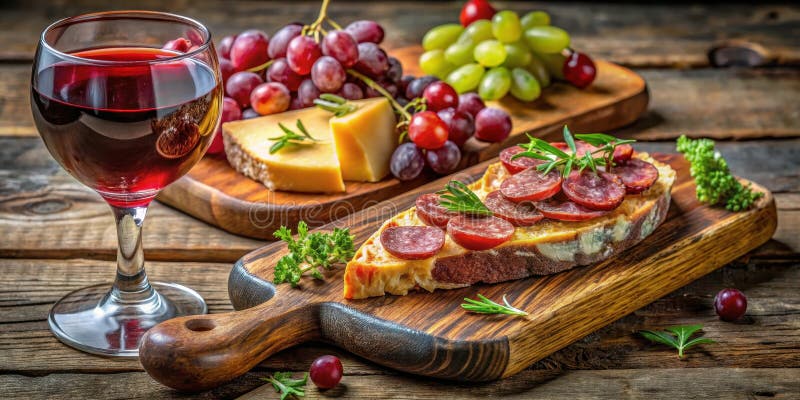 Una tavola di legno rustico presenta un appetitoso delizioso una fetta di pane ricoperta di salsiccia salata salata e accompagnata royalty illustrazione gratis