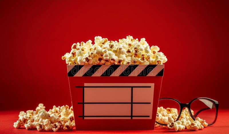Una tavola di vista laterale, ornata da scatole a strisce di formaggio e da bicchieri caramellati di popcorn 3d e da una tavola di immagine stock