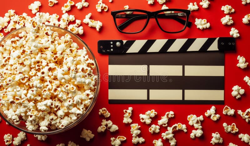 Una tavola posizionata sul lato presenta scatole a strisce di formaggio e di popcorn caramellati bicchieri 3d e un cartone fotografia stock