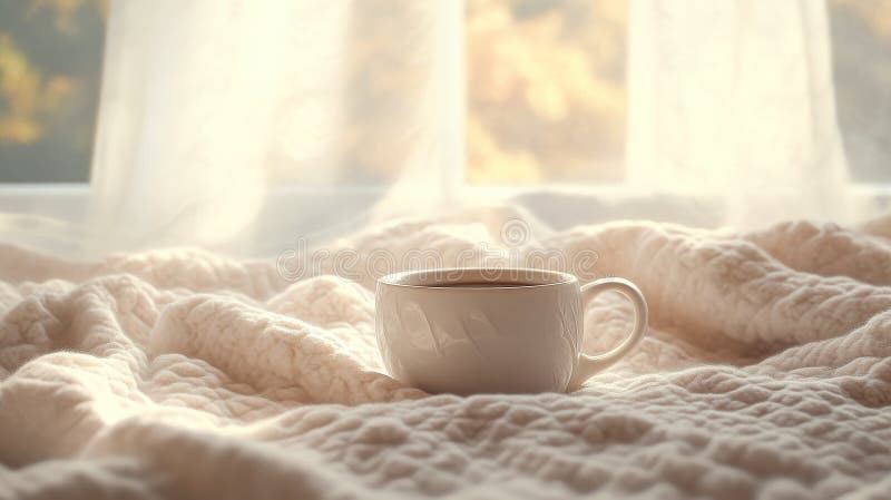 Una taza blanca de café en una acogedora manta junto a la ventana que entra la luz de la mañana. ambiente relajante en casa imagen de archivo