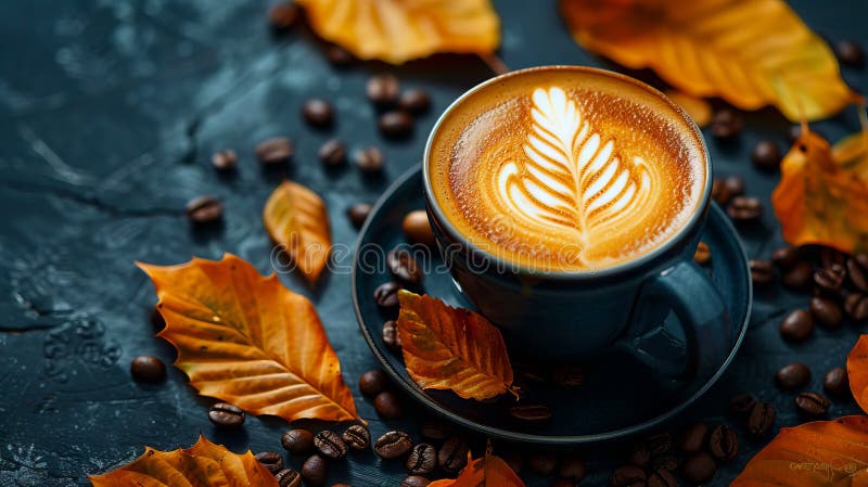 A cup of coffee with autumn leaves on it. AI generated. A cup of coffee with autumn leaves on it. AI generated