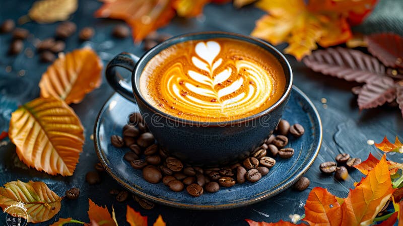 A cup of coffee with autumn leaves on it. AI generated. A cup of coffee with autumn leaves on it. AI generated