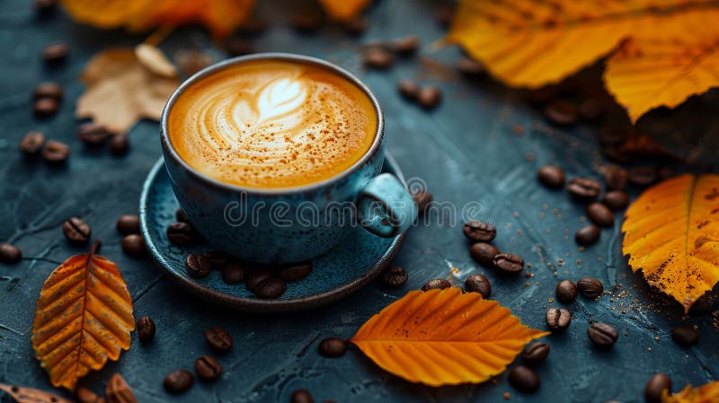 A cup of coffee with autumn leaves on a table. AI generated. A cup of coffee with autumn leaves on a table. AI generated