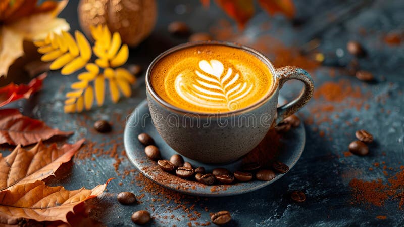 A cup of coffee with autumn leaves and coffee beans. AI generated. A cup of coffee with autumn leaves and coffee beans. AI generated