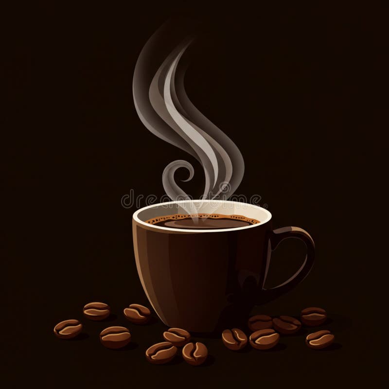 Una taza de café humeante se sienta en un fondo oscuro. La taza marrón se llenó hasta el borde stock de ilustración