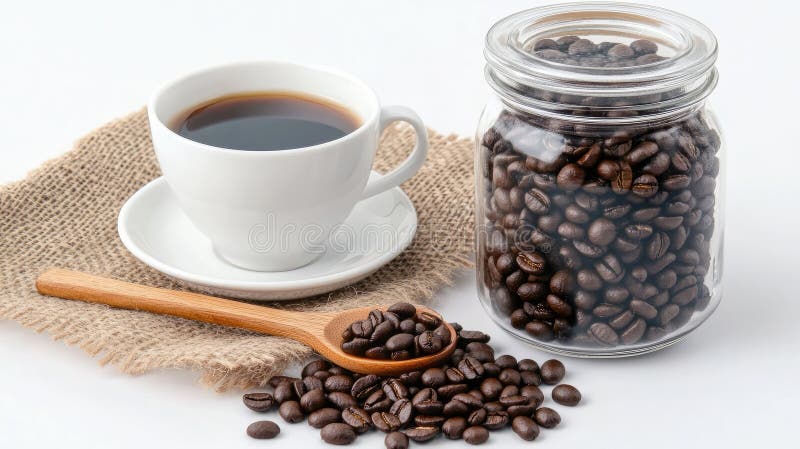 Una tazza di caffè di carta nera con coperchio di plastica situata accanto a un barattolo di vetro riempito di foglie di tè secche. Una tazza di caffè di carta nera con coperchio di plastica situata accanto a un barattolo di vetro pieno di foglie di tè secche sciolte accompagnate da un cucchiaio di legno appoggiato su un rubinetto tutto in una luce naturale morbida. prodotto a base di