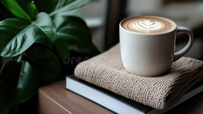 Una tazza di caffè cucito sopra un libro aperto messo su un tavolo di legno che crea una lettura comoda e invitante immagini stock