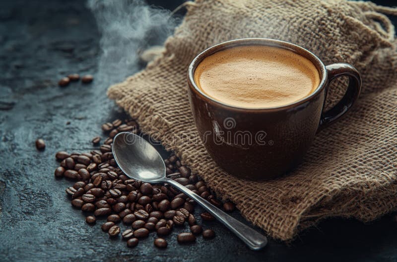 Una tazza di caffè fresco poggia su un burlone con fagioli di caffè sparsi e cucchiai d'argento sulla superficie scura fotografia stock