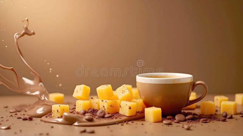 Una tazza di caffè marrone siede accanto a una scheggia di cioccolato e a una pila di cubetti di zucchero giallo e fagioli di caff royalty illustrazione gratis