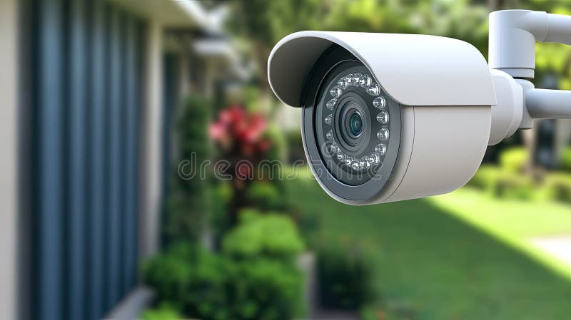 Una telecamera di sicurezza intelligente è montata su un muro in legno blu in florida per catturare fiori rossi e piante verdi. immagine stock
