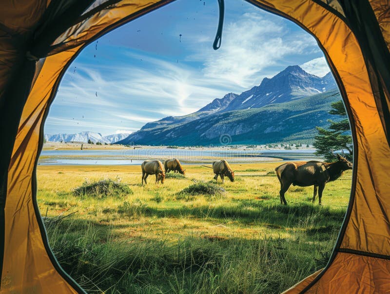 A picturesque scene of a tent overlooking a field with two deer grazing, set against the backdrop of a stunning natural landscape with clear skies, lush green grass, and fluffy clouds AI generated. A picturesque scene of a tent overlooking a field with two deer grazing, set against the backdrop of a stunning natural landscape with clear skies, lush green grass, and fluffy clouds AI generated