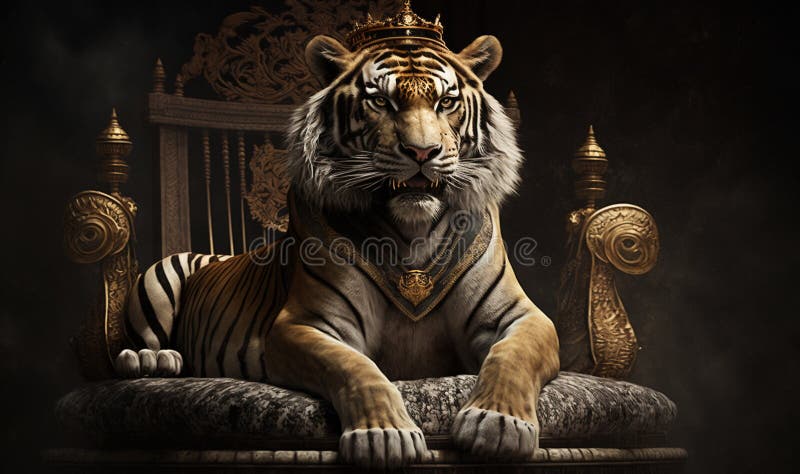 Una tigre maestosa siede su un trono con una corona sulla testa. ai.