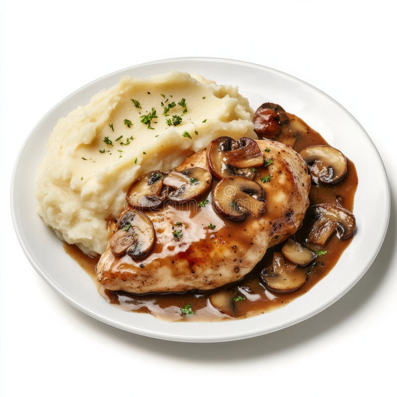 Una toma bien hecha de un plato de pollo marsala con pollo al horno en una rica marsala imágenes de archivo libres de regalías
