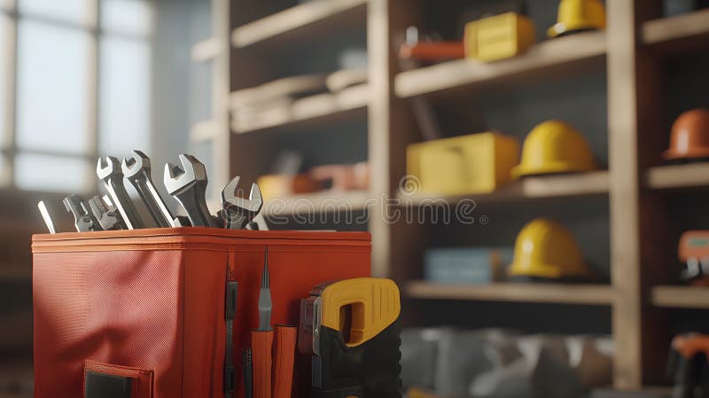 Una Toolbox vibrante riempita di vari strumenti in una sala da lavoro ben organizzata che mostra un'abbondante attrezzatura da cos illustrazione di stock