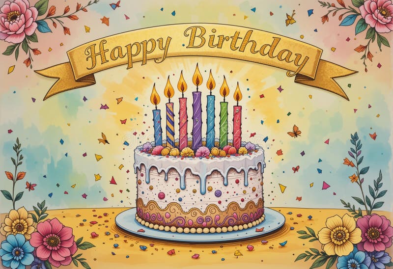 Una torta di compleanno colorata con candele sopra illustrazione vettoriale