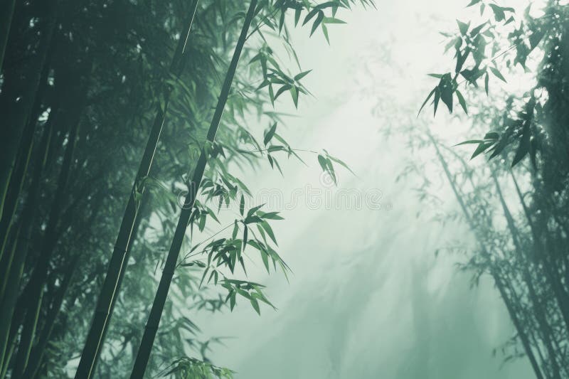 Una tranquilla foresta di bambù con sfumature verdi morbide dove alte le pedine di bambù salgono in cielo. A immagini stock