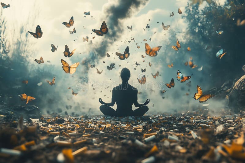 Una tranquilla mattinata di meditazione tra le natura caotiche circondate da colorate farfalle e ceneri galleggianti fotografie stock libere da diritti