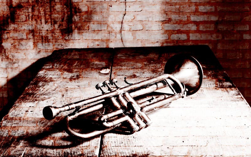 Una trompeta antigua hermosa del jazz de los años 20 y de una pared de ladrillo stock de ilustración Una trompeta antigua hermosa del jazz de los años 20 y de una pared de ladrillo stock de ilustración