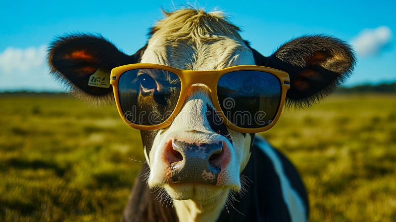 Una vaca con gafas de sol en un campo de hierba fotos de archivo