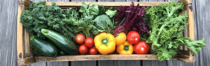 Una varietà di verdure organiche riempie un cestello di legno rustico. Peperoni colorati e verdi freschi creano un fotografia stock