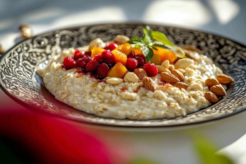 Una vasca vibrante di farina d'avena è presentata in modo artistico con un assortimento colorato di frutta fresca e di noci crocca immagini stock