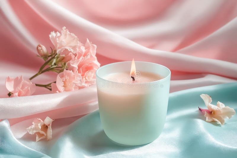 Una vela se ilumina en un recipiente de vidrio transparente sobre una mesa con flores rosas. ai generativo. la vela está rodeada de flores rosas que crean un ambiente romántico y tranquilo. ai generada.
