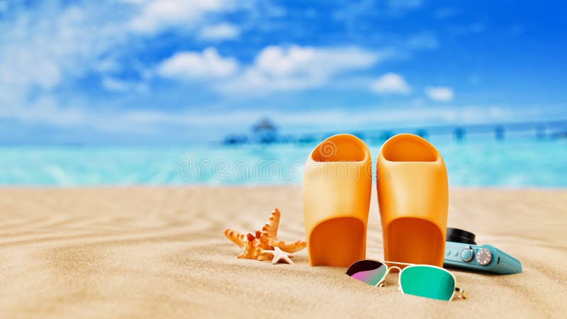 Una vibrante escena de playa con sandalias amarillas gafas de sol de pez estrella y una cámara frente a un océano azul brillante y stock de ilustración