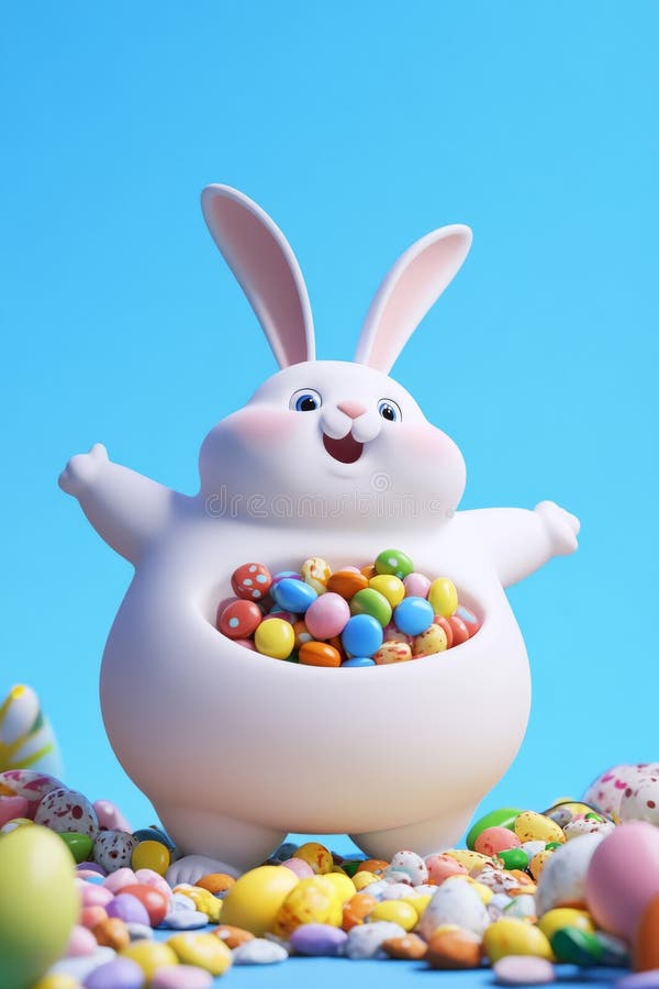 Una vignetta prodotta con una tecnologia dell'immagine con un coniglio stanco grasso che ha mangiato uova di Pasqua in quantità ec fotografie stock libere da diritti