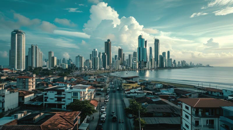 Una visione panoramica di un paesaggio urbano visto dall'edificio che sorge. Ideale per progetti e pubblicità urbanizzati immagine stock